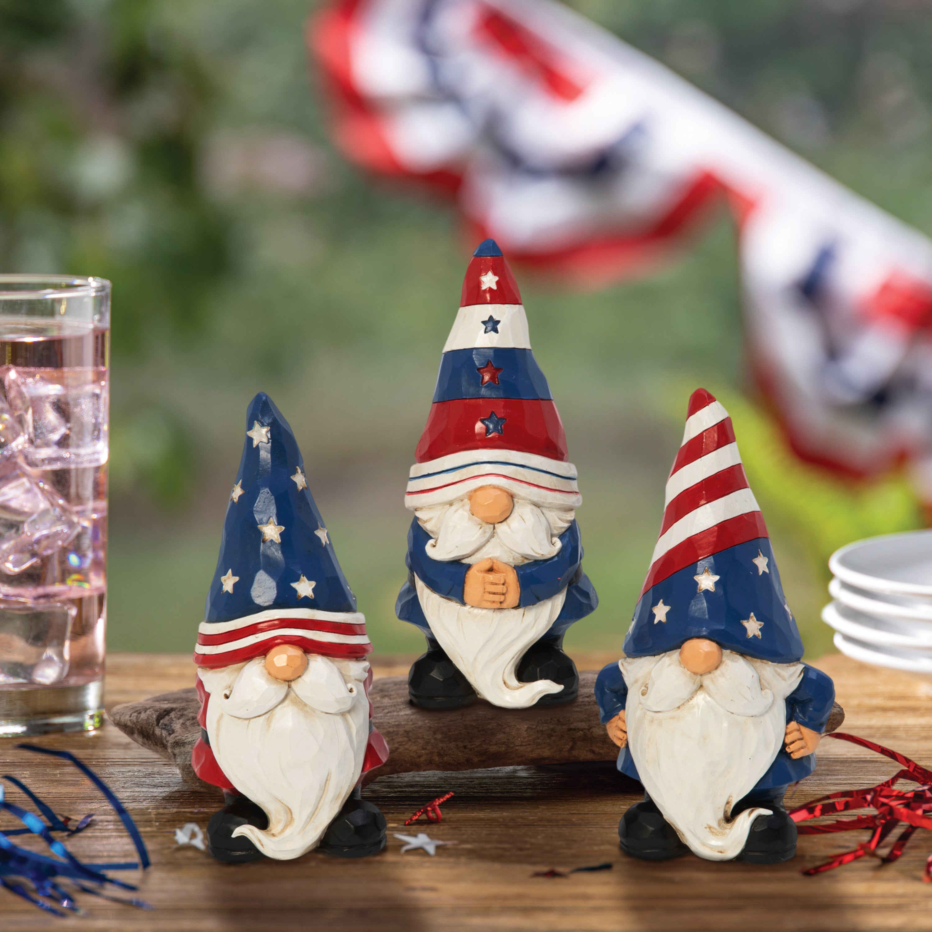6.3 in. Resin Americana Gnome Figurines, set of 3